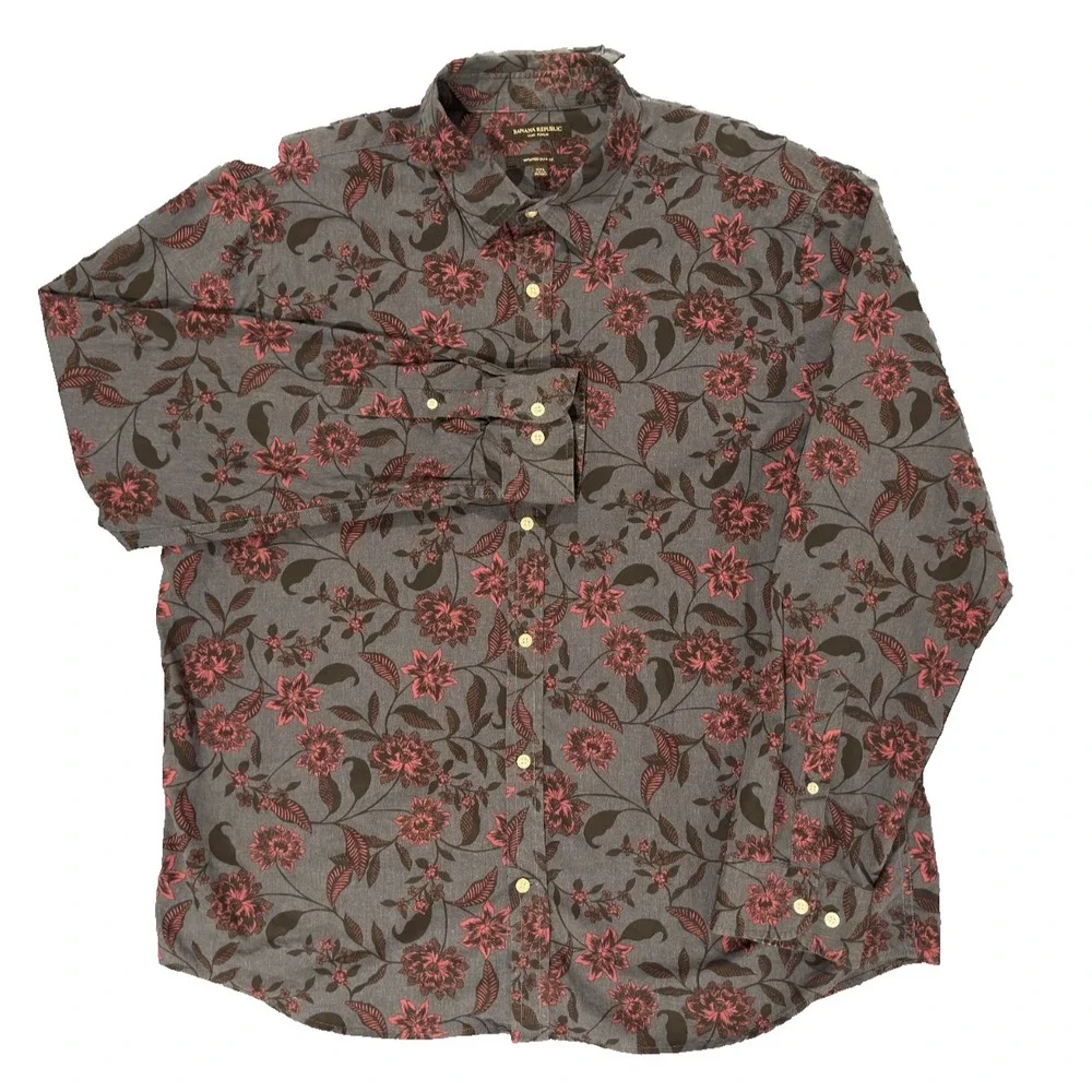 Banana Republic Shirt Luxe Poplin XXL Untucked Slim Fit Button Up Grungy Floral
